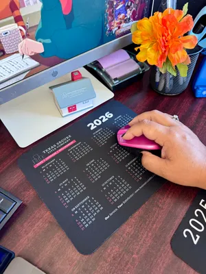 Custom Printed Rectangular Mouse Pad - Typical Thursday working at the computer planning the next year using our new 2026 mousepad