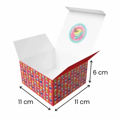 11 x 11 x 6 cm A custom-designed open cardboard box with colorful exterior and company logo on the flap, showcasing packaging options for shipping or presentation.