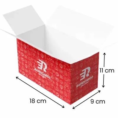 18 x 9 x 11 cm An open, empty custom printed red shipping box with a 'RAPIDCARGO' brand logo; potentially for package delivery, against a transparent background.