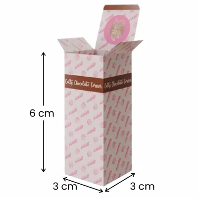 3 x 3 x 6 cm Custom-designed packaging boxes with a repeated pattern and the text 'Café Chocolate Crave' printed on them, implying a brand-specific shipping or presentation box for products.