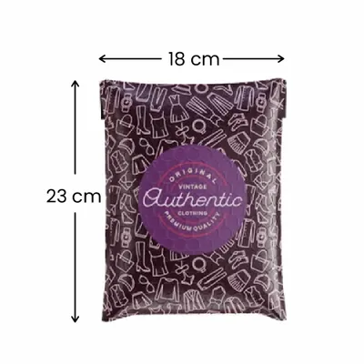 18 x 23 cm A custom-designed poly mailer featuring a pattern of fashion-related items and a central, circular seal stating 'Original Vintage Clothing Authentic Premium Quality.'