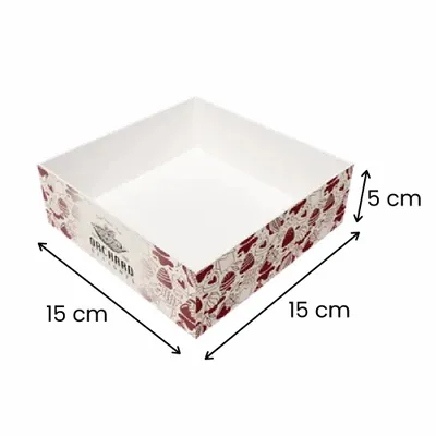 15 x 15 x 5 cm A custom-designed, open-top cardboard box, with a floral pattern and the text 'PACKHARD' on the sides, displayed on a plain background.