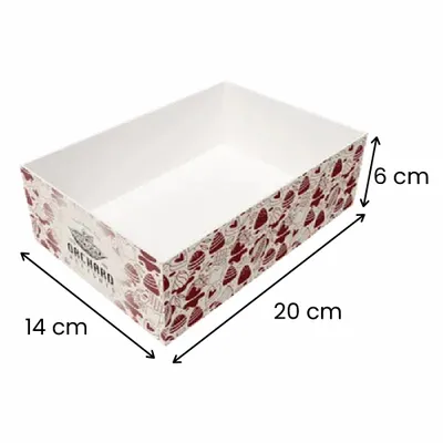 20 x 14 x 6 cm A custom-branded cardboard box with a white interior and a pattern of red lobsters on the exterior, positioned diagonally for display.