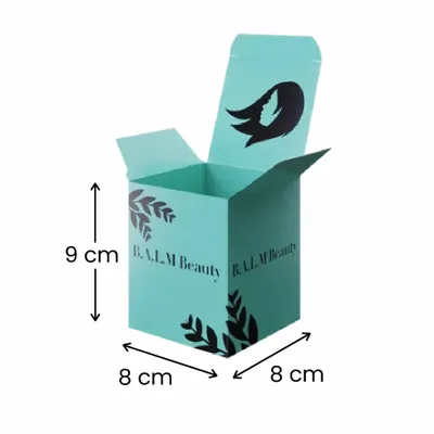 8 x 8 x 9 cm Custom-branded, teal shipping box with lid open; features a black feather logo and 'B.A.L.M Beauty' with decorative leaf motifs; represents product packaging options.