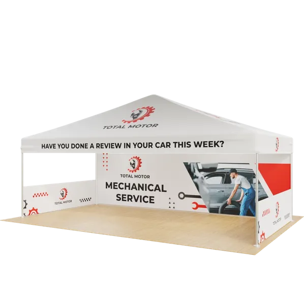 Custom trade show booth with branding for 'TOTAL MOTOR MECHANICAL SERVICE,' featuring images of a car and a mechanic, and the text 'HAVE YOU DONE A REVIEW IN YOUR CAR THIS WEEK?'